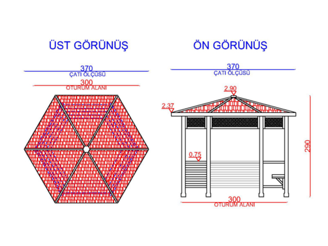 Ahşap Kamelya - Çardak ve Gazebo Modelleri  /  Ahşap Kamelya Altıgen 300(L)x300(W)x290(H)-70145 Teknik Resim