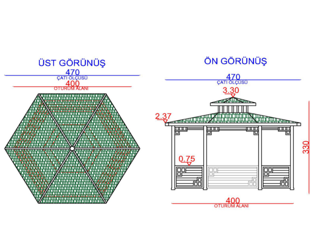 Ahşap Kamelya - Çardak ve Gazebo Modelleri  / Ahşap Kamelya Altıgen 400(L)x400(W)x330(H)-70152 Teknik Resim