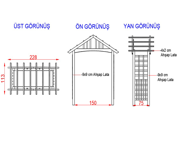 Ahşap Kapı Bahçe Giriş Takları ve Veranda Modelleri  / Ahşap Giriş Takı 228(L)x113(W)x212(H) - 70311  Teknik Resim