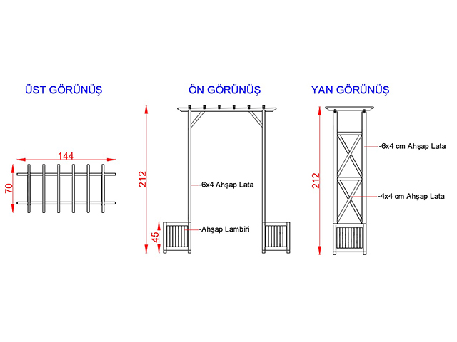 Ahşap Kapı Bahçe Giriş Takları ve Veranda Modelleri  / Ahşap Giriş Takı 144(L)x70(W)x212(H) - 70316 Teknik Resim
