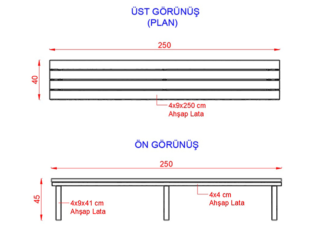 Ahşap Oturma Bankları / Ahşap Bank 250(L)x40(W)x45(H) - 70616 Teknik Resim