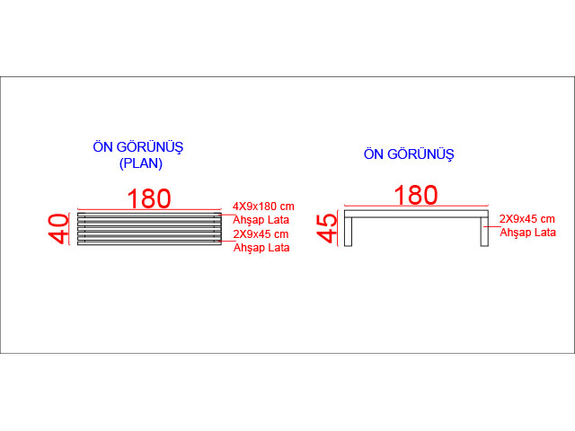 Ahşap Oturma Bankları / Ahşap Bank 180(L)x45(W)x45(H) - 70615 Teknik Resim