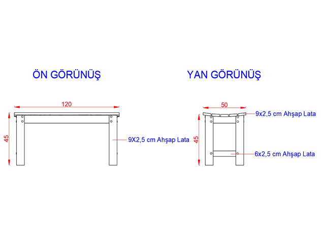 Ahşap Oturma Bankları / Ahşap Bank 120(L)x50(W)x45(H) - 70607 Teknik Resim