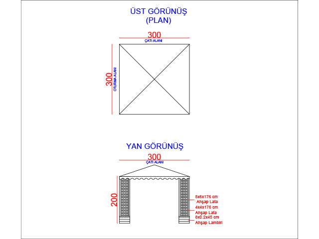 Ahşap Pergola Modelleri /  Ahşap Yazlık Pergole 300(L)x300(W)x250(H) - 70370 Teknik Resim