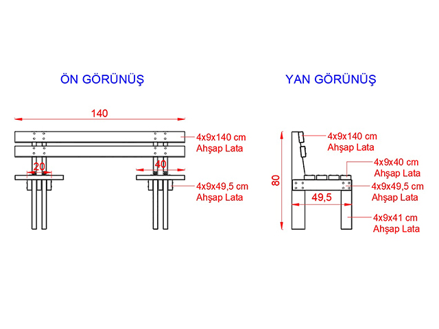 Ahşap Oturma Bankları / Ahşap Bank 140(L)x40(W)x45(H) - 70622 Teknik Resim