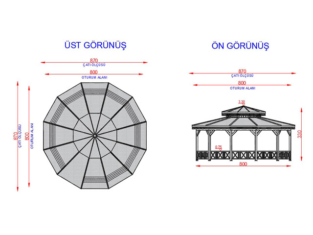Ahşap Kamelya - Çardak ve Gazebo Modelleri  / Ahşap Kamelya Onikigen 800(L)x800(W)x330(H) - 70188  Teknik Resim