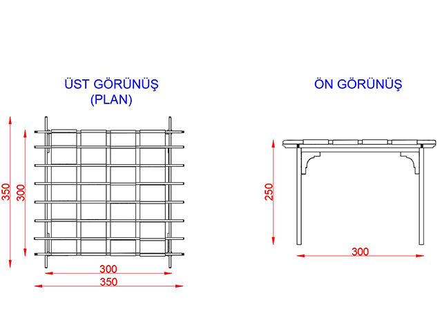 Ahşap Pergola Modelleri / Ahşap Brandalı Pergole 300(L)x300(W)x250(H) - 70354 Teknik Resim