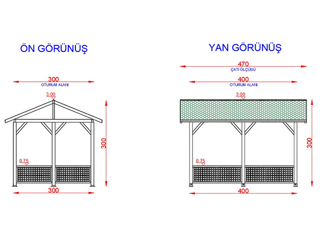 Ahşap Kamelya - Çardak ve Gazebo Modelleri  / Ahşap Çardak Dikdörtgen 320(L)x470(W)x300(H) - 70218  Teknik Resim