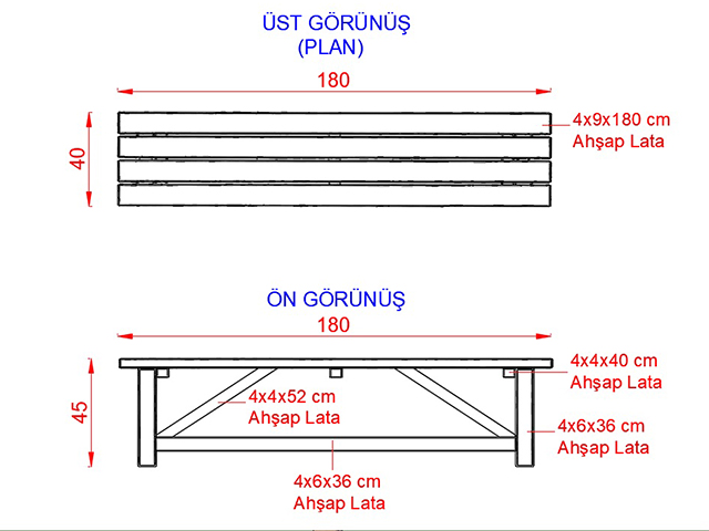 Ahşap Oturma Bankları / Ahşap Bank 180(L)x40(W)x45(H) - 70614 Teknik Resim
