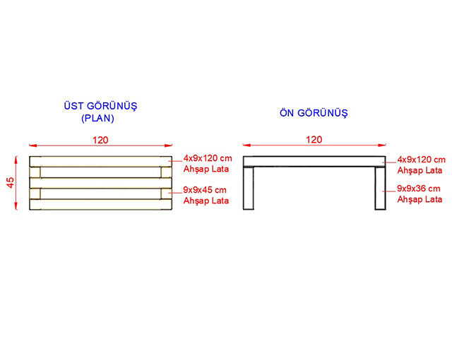 Ahşap Oturma Bankları / Ahşap Bank 120(L)x45(W)x45(H) - 70602 Teknik Resim