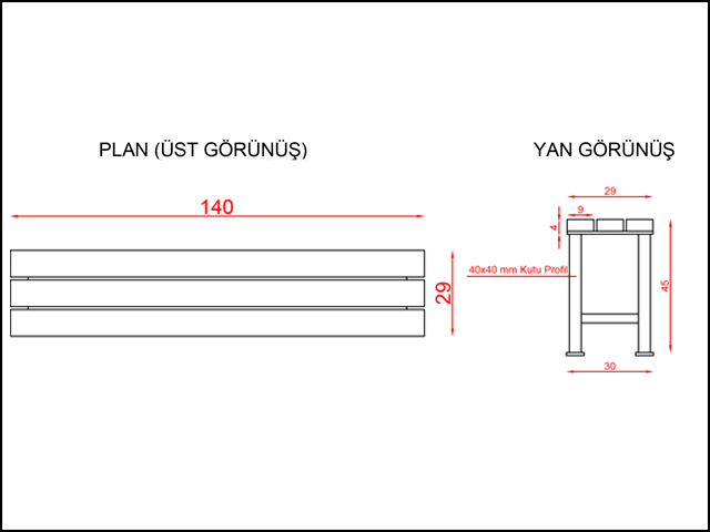 Ahşap Oturma Bankları /  Metal Ayak Bank 140(L)x30(W)x45(H) - 70630 Teknik Resim