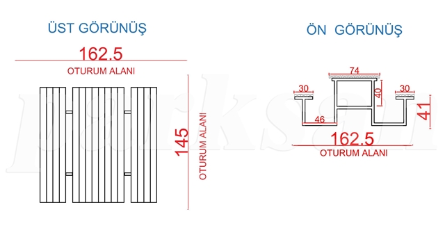 Ahşap Piknik Masaları / Piknik Masası (Metal Ayaklı) 145(L)x162,5(W)x75(H)-70536 Teknik Resim