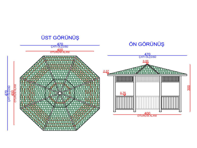 Ahşap Kamelya - Çardak ve Gazebo Modelleri  / Ahşap Kamelya Sekizgen 400(L)x400(W)x300(H) - 70159 Teknik Resim