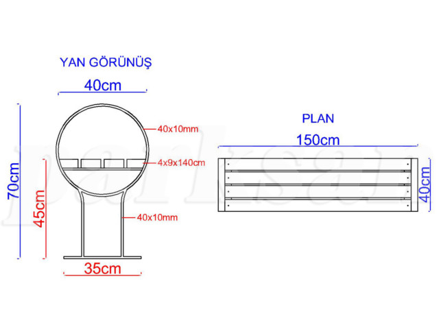 Ahşap Oturma Bankları / Metal Ayak Bank 150(L)x40(W)x45(H) - 70640 Teknik Resim