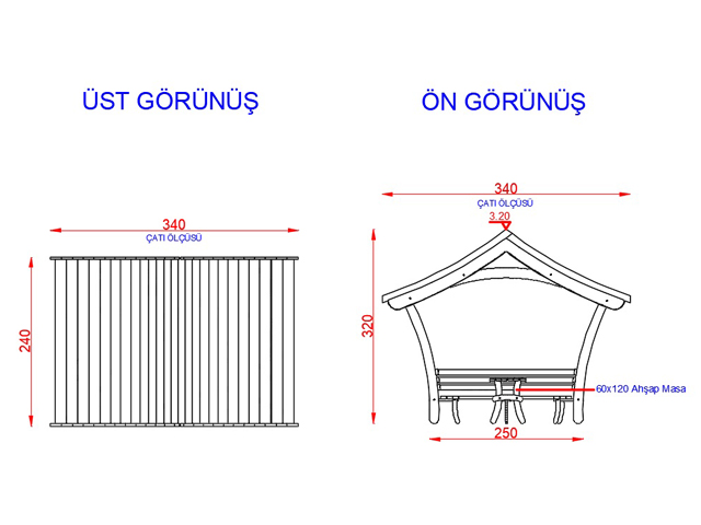 Ahşap Kamelya - Çardak ve Gazebo Modelleri  / Ahşap Japon Çatı Mini Gazebo 200(L)x300(W)x320(H) - 70101 Teknik Resim