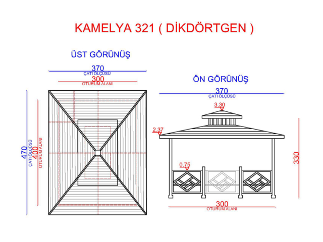 Ahşap Kamelya - Çardak ve Gazebo Modelleri  / Ahşap Kamelya Dikdörtgen 300(L)x400(W)x300(H) - 70208  Teknik Resim
