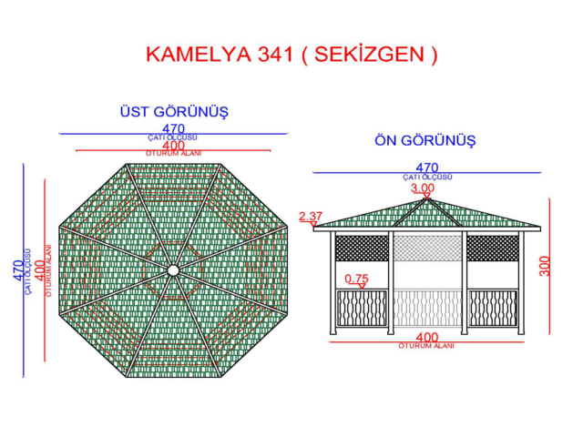 Ahşap Kamelya - Çardak ve Gazebo Modelleri  /  Ahşap Çardak Sekizgen 400(L)x400(W)x300(H) - 70160 Teknik Resim