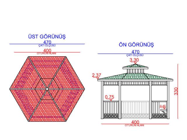 Ahşap Kamelya - Çardak ve Gazebo Modelleri  / Ahşap Çardak Altıgen 400(L)x400(W)x330(H)-70150 Teknik Resim
