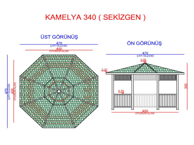 Ahşap Kamelya - Çardak ve Gazebo Modelleri  / Ahşap Kamelya Sekizgen 400(L)x400(W)x300(H) - 70161 Teknik Resim
