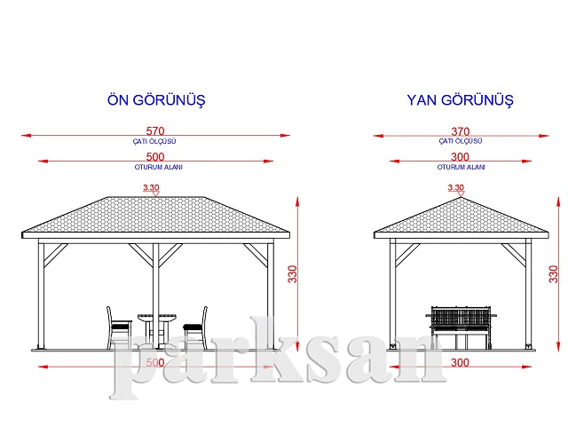 Ahşap Kamelya - Çardak ve Gazebo Modelleri  / Ahşap Kamelya Dikdörtgen 300(L)x500(W)x330(H) - 70217 Teknik Resim