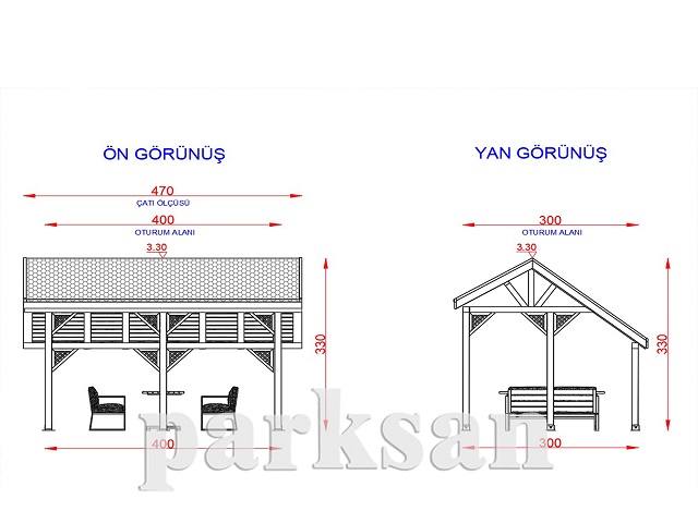 Ahşap Kamelya - Çardak ve Gazebo Modelleri  / Ahşap Kamelya Dikdörtgen 300(L)x400(W)x330(H) - 70202  Teknik Resim