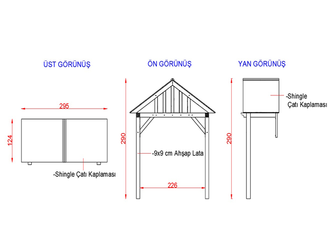Ahşap Kapı Bahçe Giriş Takları ve Veranda Modelleri  / Ahşap Kapı Giriş Sundurma 295(L)x124(W)x290(H)-70309 Teknik Resim