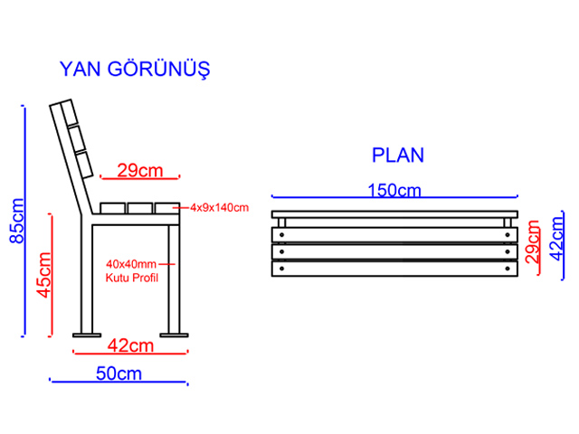 Ahşap Oturma Bankları / Metal Ayak Bank 140(L)x30(W)x85(H) - 70648 Teknik Resim