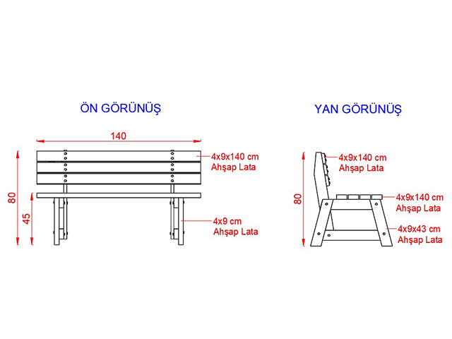 Ahşap Oturma Bankları / Ahşap Bank 140(L)x40(W)x45(H) - 70627 Teknik Resim