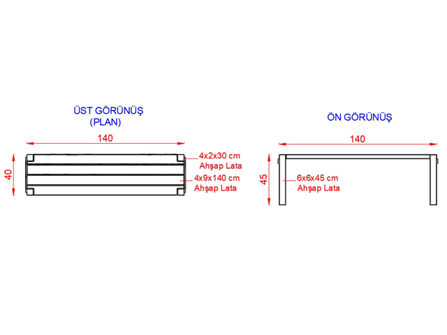 Ahşap Oturma Bankları / Ahşap Bank 140(L)x40(W)x45(H) - 70610 Teknik Resim