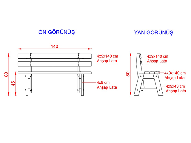 Ahşap Oturma Bankları / Ahşap Bank 140(L)x30(W)x45(H) - 70625 Teknik Resim