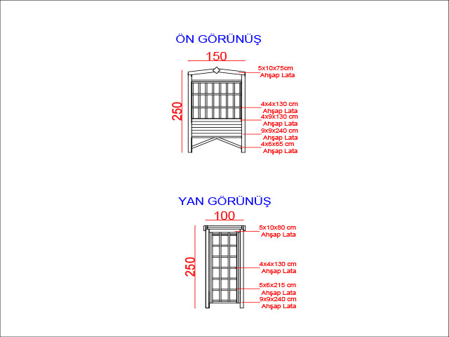 Ahşap Pergola Modelleri / Ahşap Pergole Bank 100(L)x150(W)x250(H)-70342 Teknik Resim