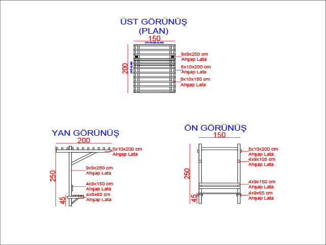 Ahşap Pergola Modelleri / Ahşap  Pergole Bank 150(L)x200(W)x250(H)-70336 Teknik Resim