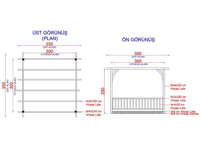 Ahşap Pergola Modelleri / Ahşap  Pergole 300(L)x300(W)x250(H) - 70366 Teknik Resim