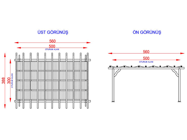 Ahşap Pergola Modelleri / Ahşap Brandalı Pergole 300(L)x400(W)x250(H) - 70355 Teknik Resim