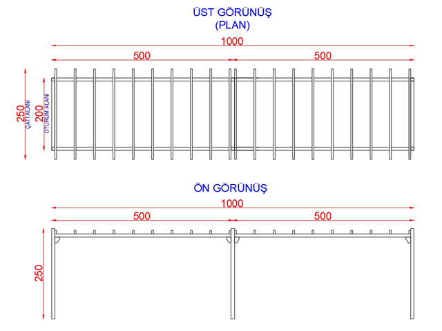 Ahşap Pergola Modelleri / Ahşap  Pergole 200(L)x1000(W)x250(H) - 70360 Teknik Resim