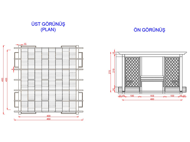 Ahşap Pergola Modelleri / Ahşap Brandalı Pergole 400(L)x400(W)x270(H)-70388 Teknik Resim