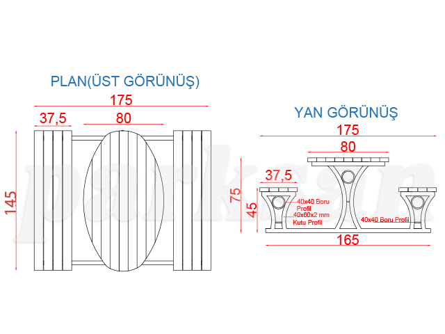 Ahşap Piknik Masaları / Piknik Masası  (Metal Ayaklı) 145(L)x175(W)x75(H)-70543 Teknik Resim