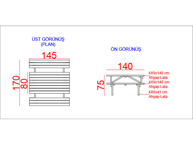 Ahşap Piknik Masaları / Piknik Masası (Ahşap Masa) 145(L)x170(W)x75(H)-70513 Teknik Resim