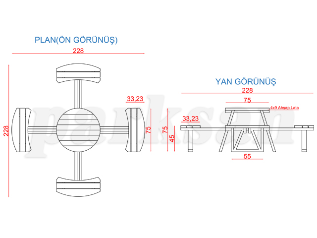 Ahşap Piknik Masaları / Piknik Masası (Sekizgen) 228(L)x228(W)x75(H)-70507 Teknik Resim
