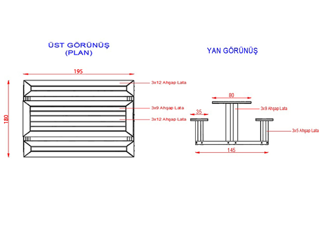 Ahşap Piknik Masaları / Piknik Masası (Ahşap Masa) 195(L)x180(W)x75(H)-70519 Teknik Resim