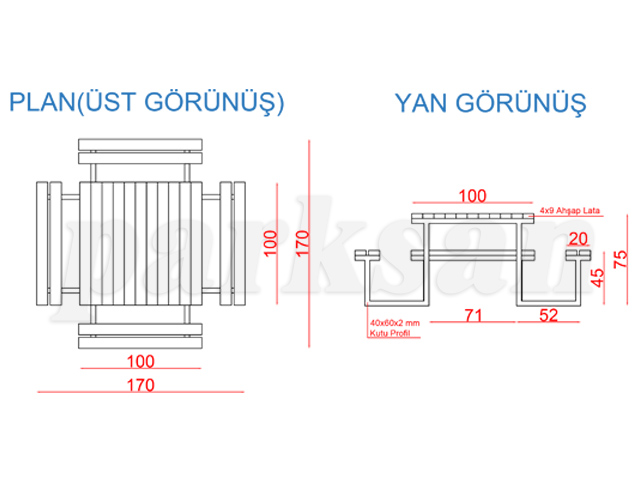 Ahşap Piknik Masaları / Piknik Masası  (Metal Ayaklı) 170(L)x170(W)x75(H)-70530 Teknik Resim