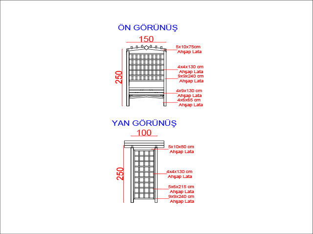 Ahşap Pergola Modelleri / Ahşap Pergole Bank 100(L)x150(W)x250(H)-70341 Teknik Resim