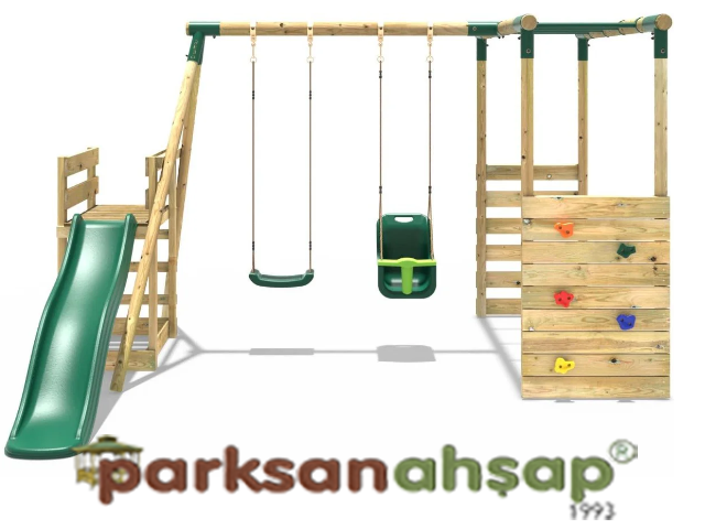 30645 - Ahşap Tırmanmalı Kaydıraklı İkili Salıncak Seti