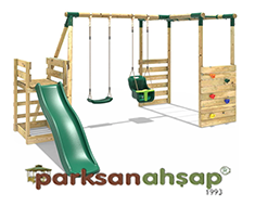 30645 - Ahşap Tırmanmalı Kaydıraklı İkili Salıncak Seti
