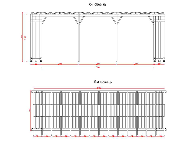 Ahşap Kapı Bahçe Giriş Takları ve Veranda Modelleri  / Ahşap Veranda 710(L)x210(W)x250(H)-70328 Teknik Resim