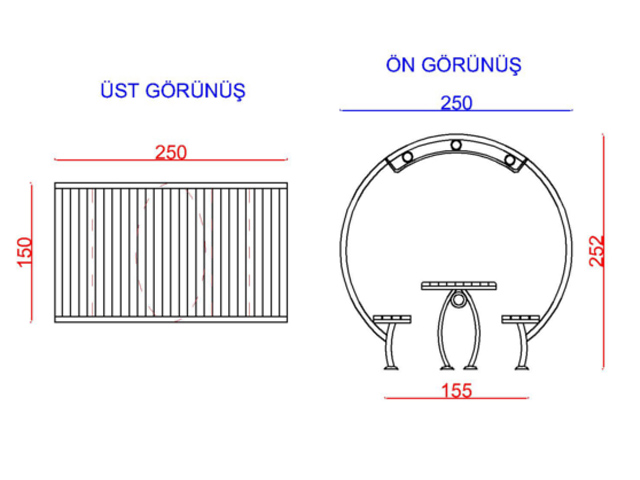Ahşap Çatılı Piknik Masaları / Çatılı Piknik Masası  (Metal) 250(L)x150(W)x252(H) - 70442 Teknik Resim