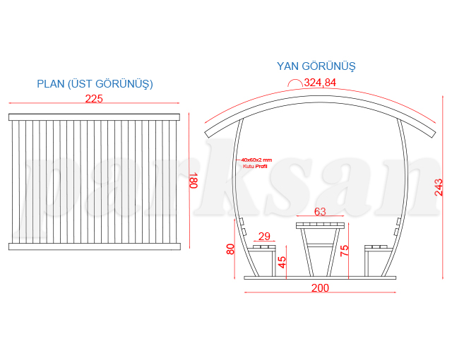 Ahşap Çatılı Piknik Masaları / Çatılı Piknik Masası (Metal) 225(L)x180(W)x243(H) - 70434 Teknik Resim