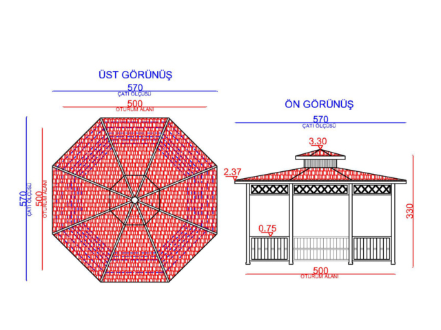 Ahşap Kamelya - Çardak ve Gazebo Modelleri  / Ahşap Kamelya Sekizgen 500(L)x500(W)x330(H) - 70171 Teknik Resim