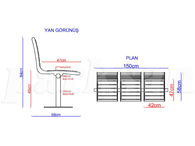 Ahşap Oturma Bankları / Metal Ayak Bank 150(L)x45(W)x80(H) - 70650 Teknik Resim