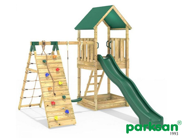 30682 - Ahşap Çatılı Kaydıraklı Tırmanmalı Salıncak Seti